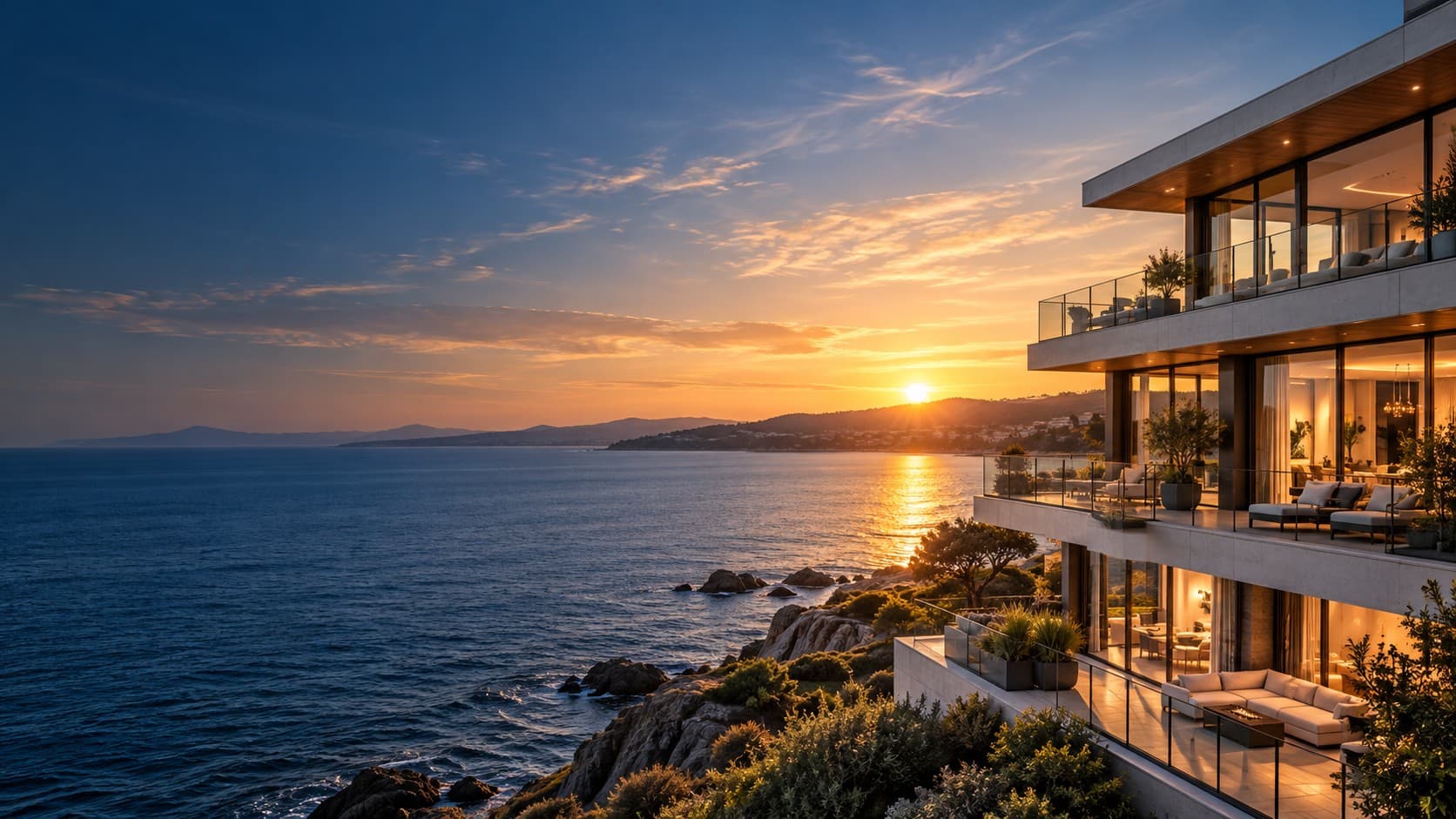 Illustrative ocean-facing residential architecture at sunset